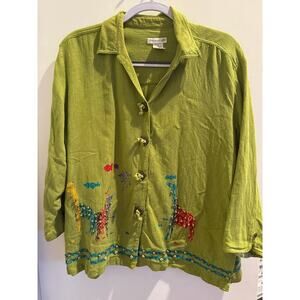 Vintage Mureli Women's Fine Linen Blend Green Beadwork Safari Giraffes Top, sz L